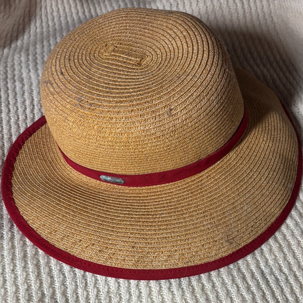 Stylish Tan Hat with Red Trim